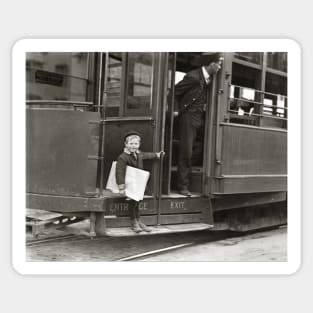 Newsboy Riding Trolley, 1910. Vintage Photo Sticker